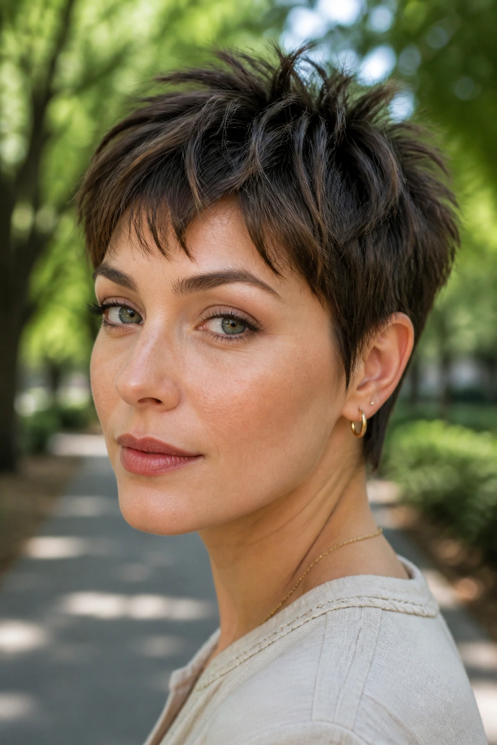 Close-up of real woman with choppy layered pixie showing texture and movement