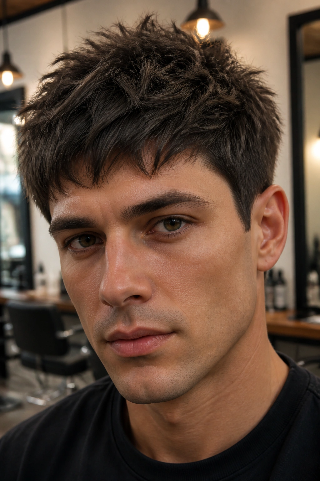 Close-up of a man with a choppy layered pixie haircut in a salon.
