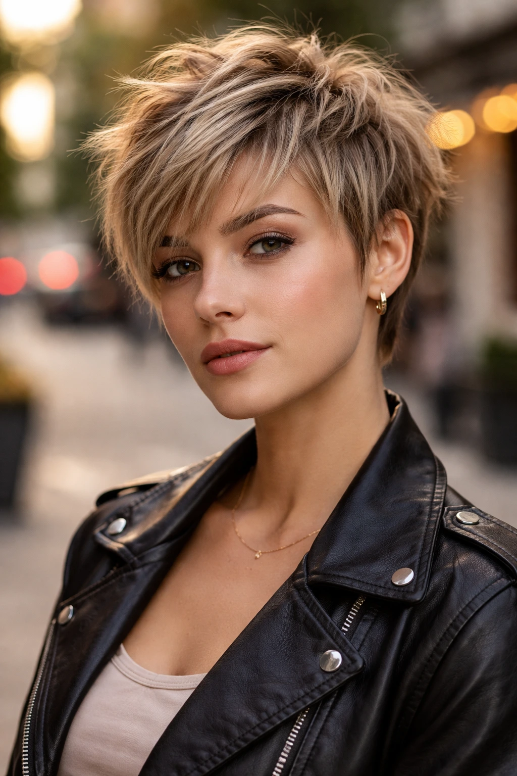 Close-up of a real woman with a choppy layered pixie on a city street