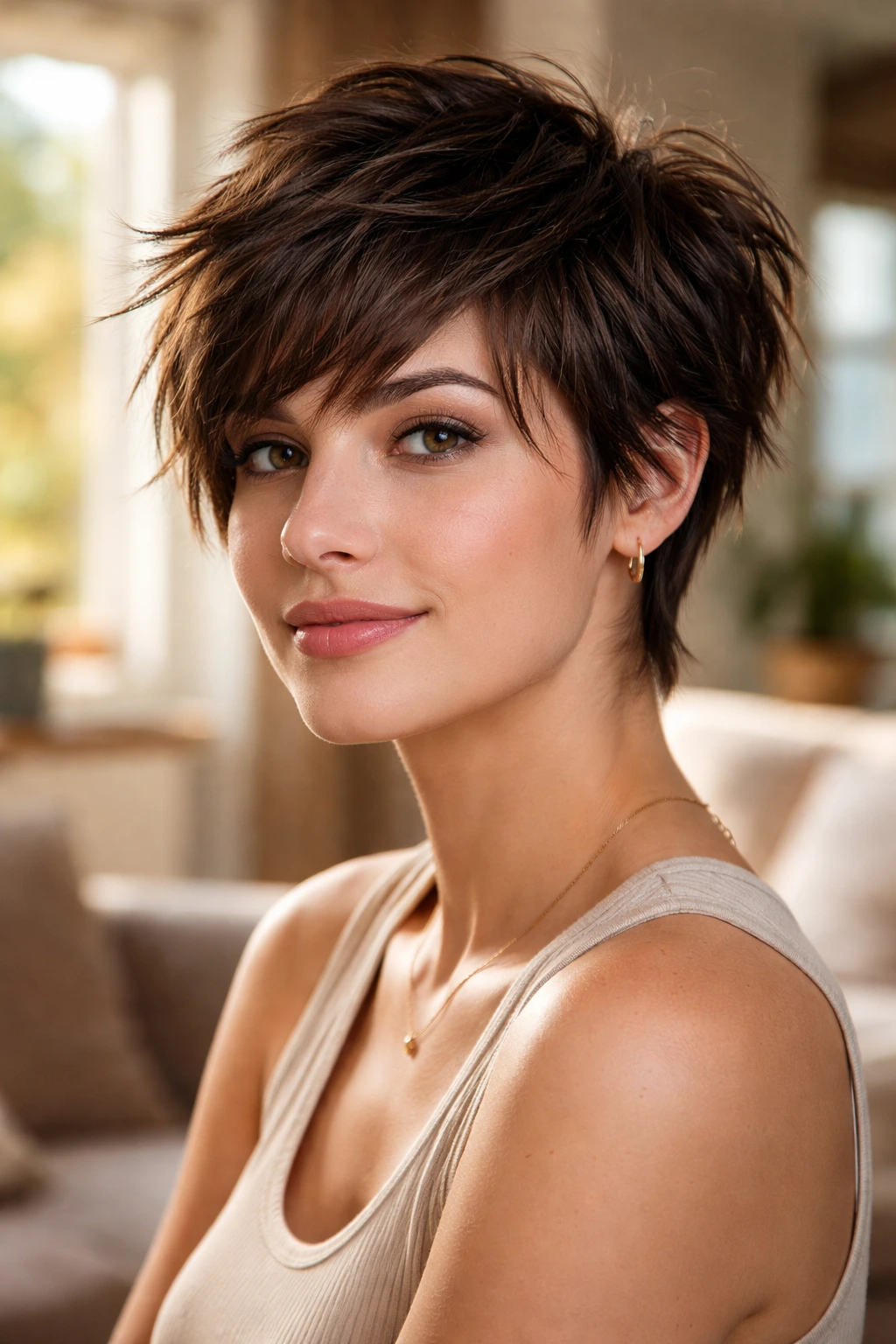 Close-up portrait of a real woman with a choppy layered pixie hairstyle.