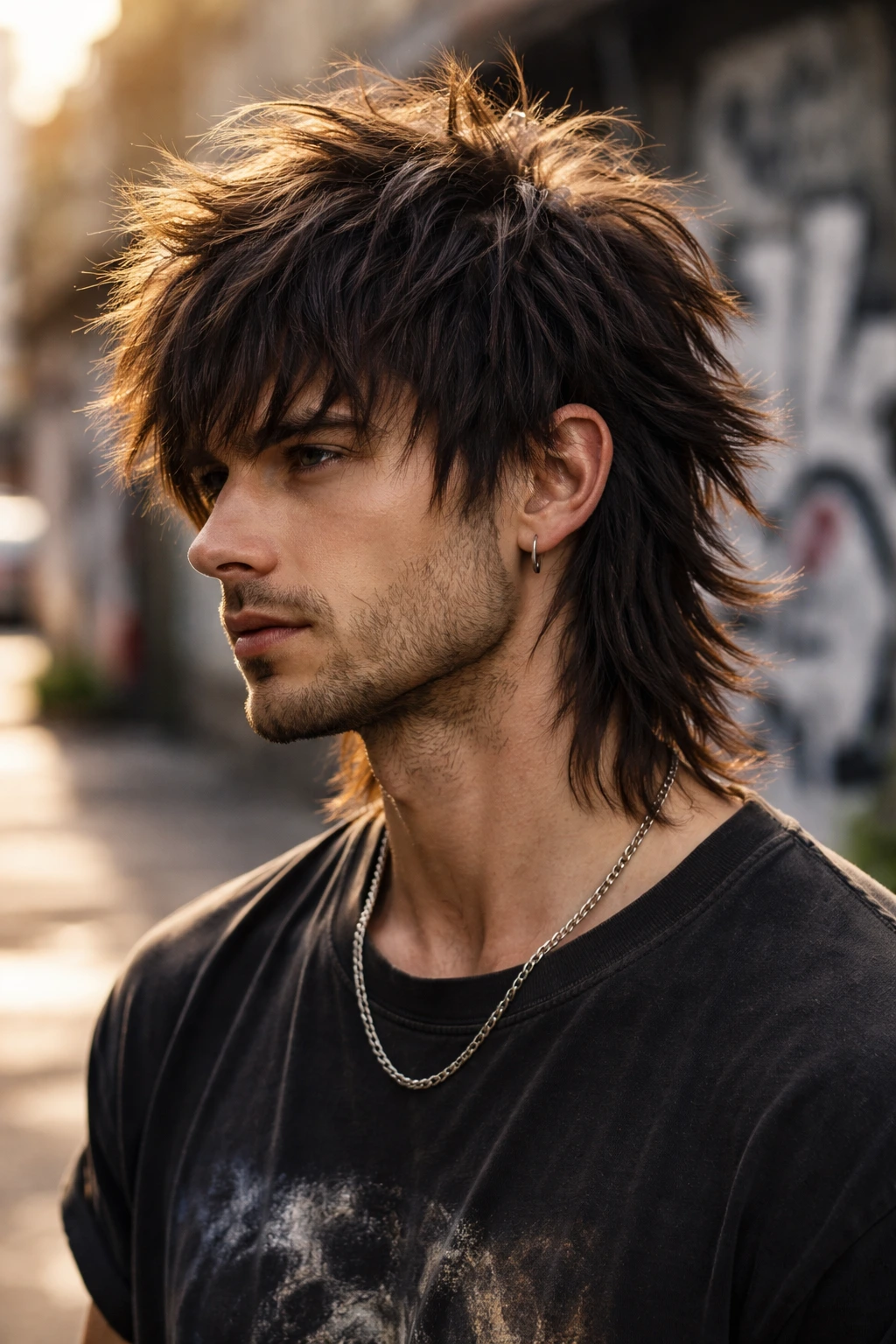 Portrait of a man with a choppy layered wolf cut on an urban street
