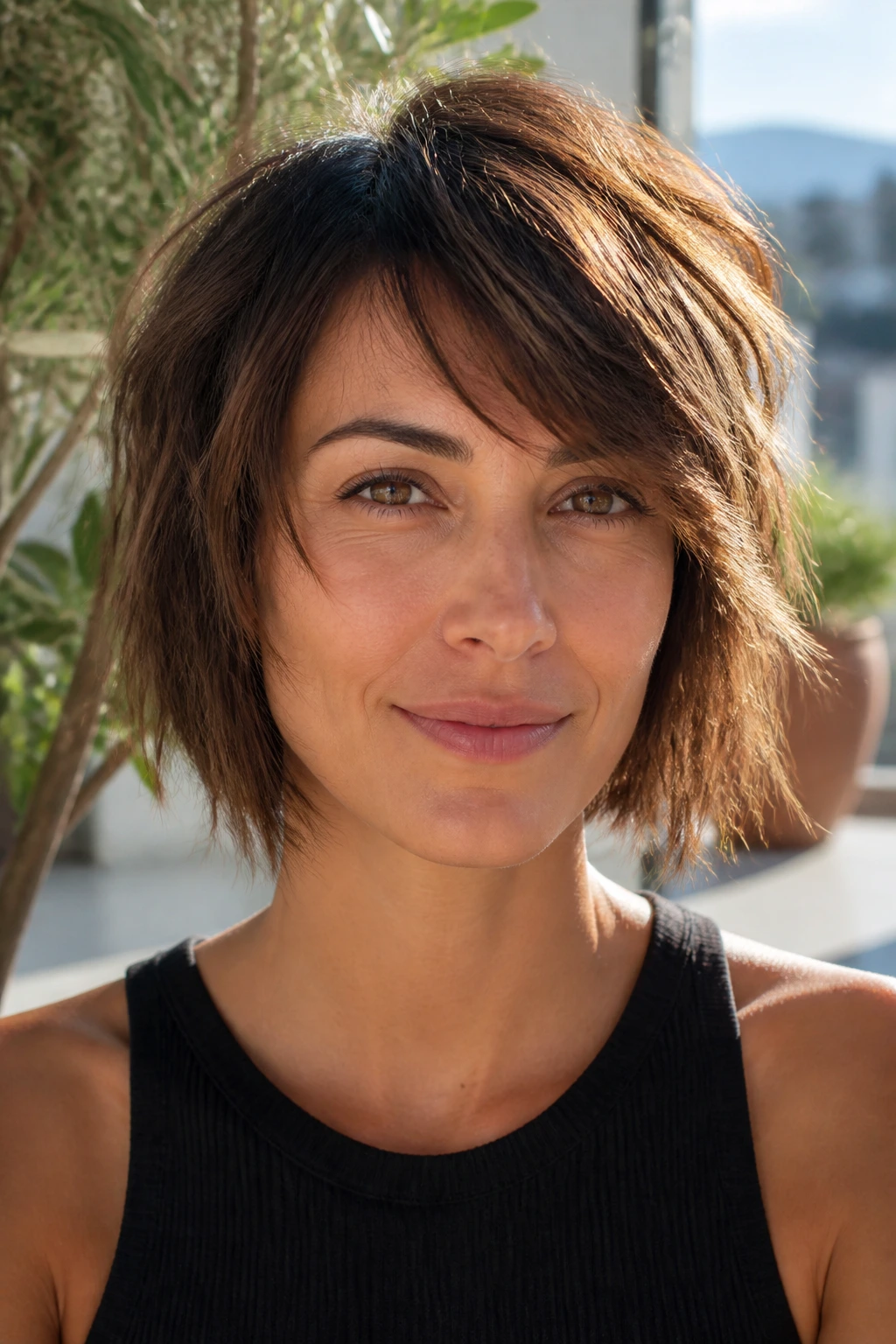 Close-up portrait of a real woman with choppy layered hair.