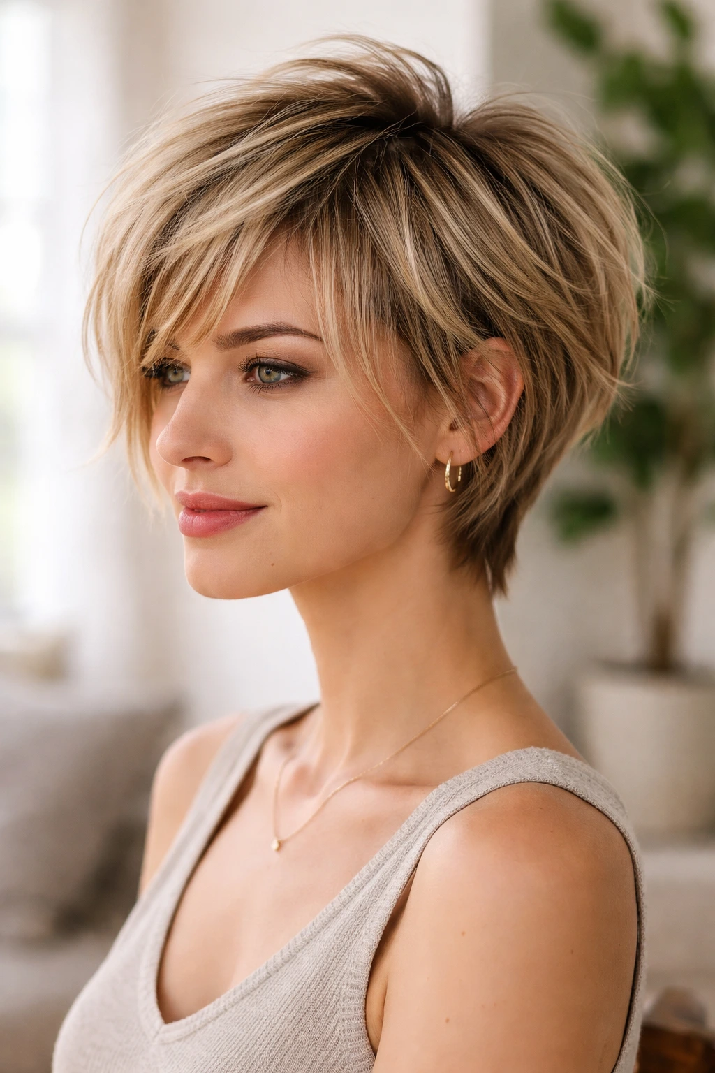 Close-up of a woman with choppy layers at the crown for added lift