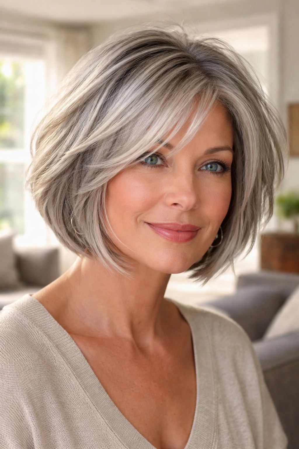 Real woman with choppy layered silver bob and highlights in bright living room