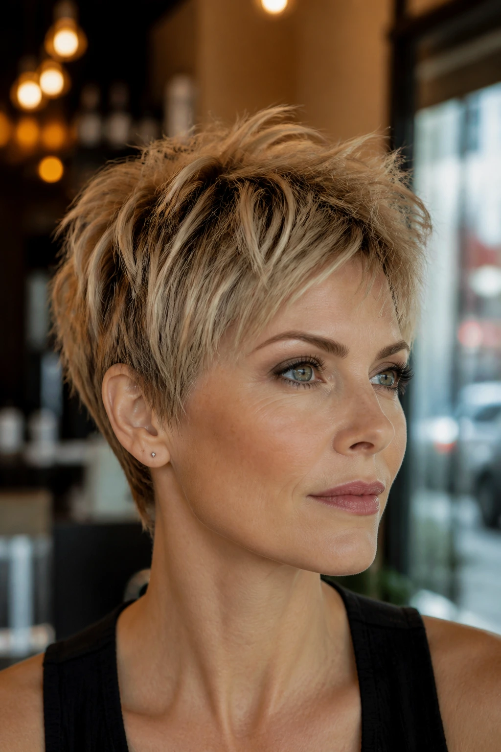 Close-up portrait of a real person with choppy layered pixie hairstyle