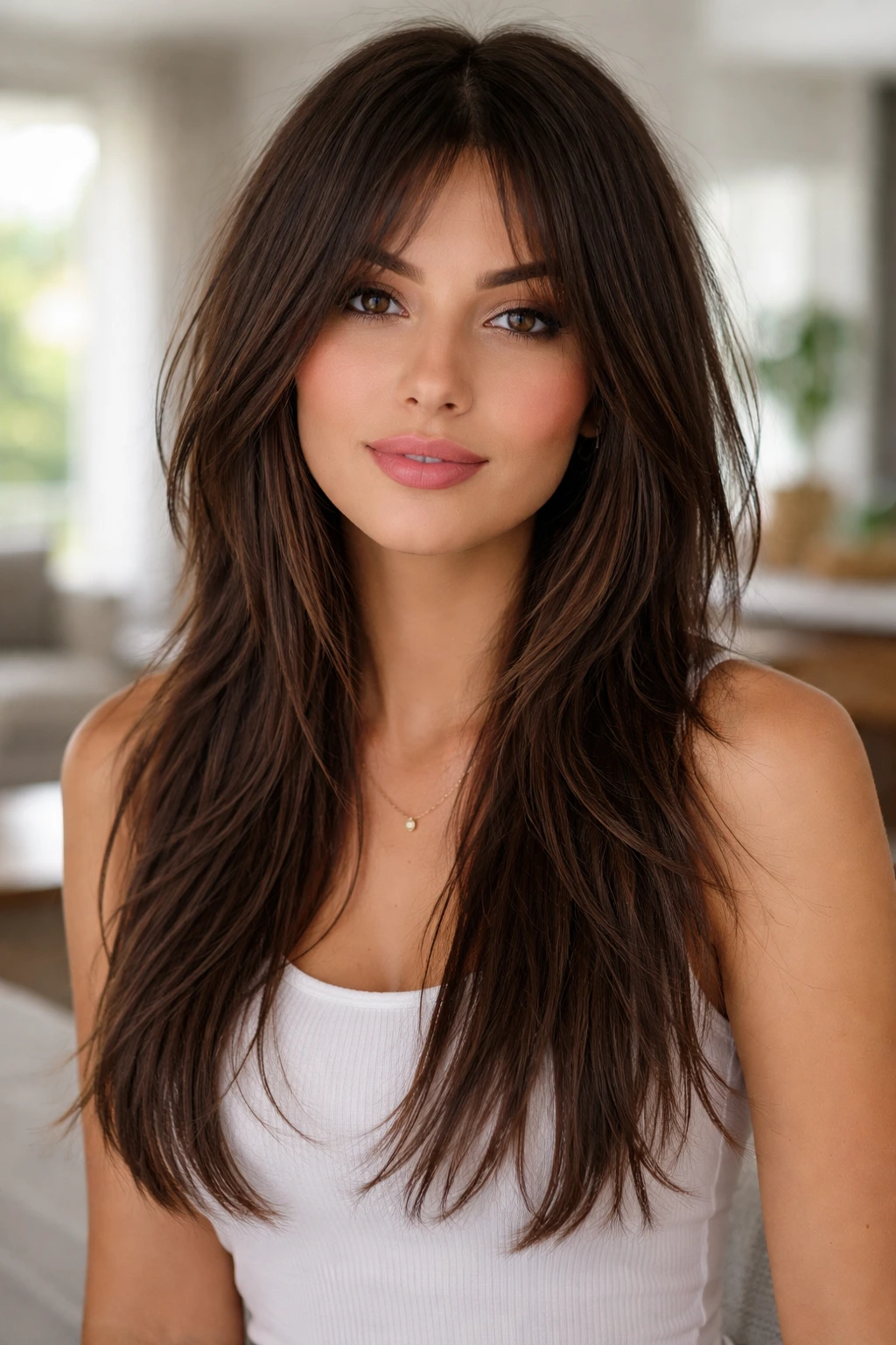 Close-up portrait of a real woman with choppy long layers and sharp ends.