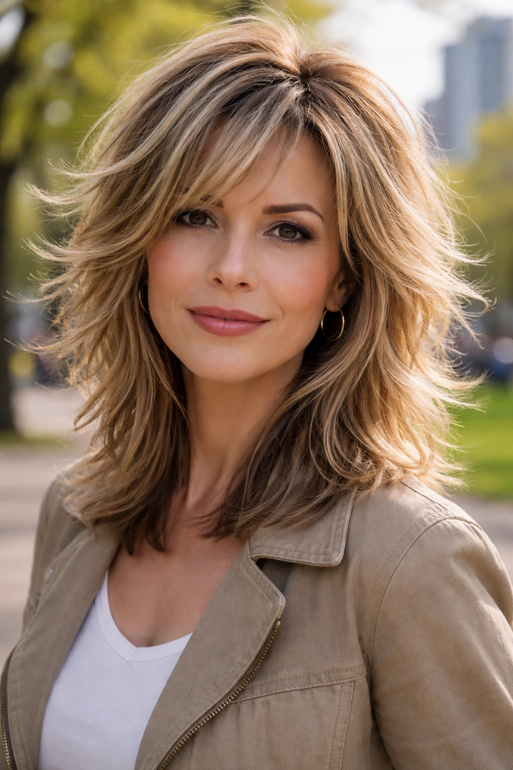 Close-up portrait of a real woman with choppy layers and textured ends