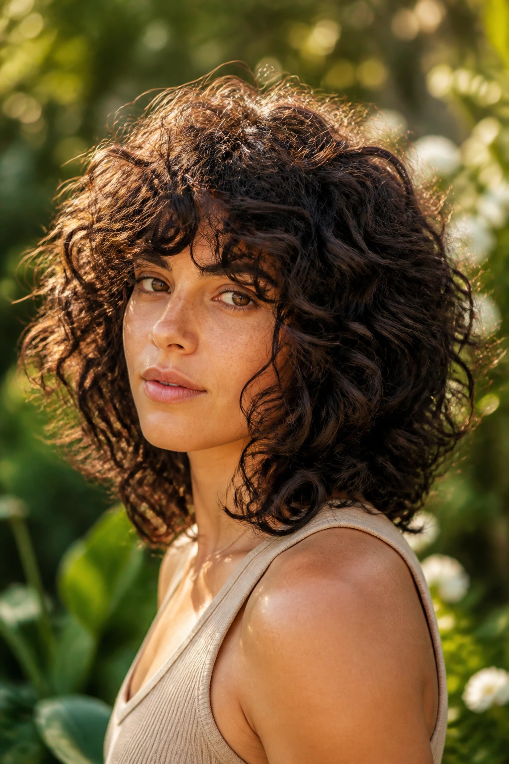 Real person with thick dense curls and choppy layers