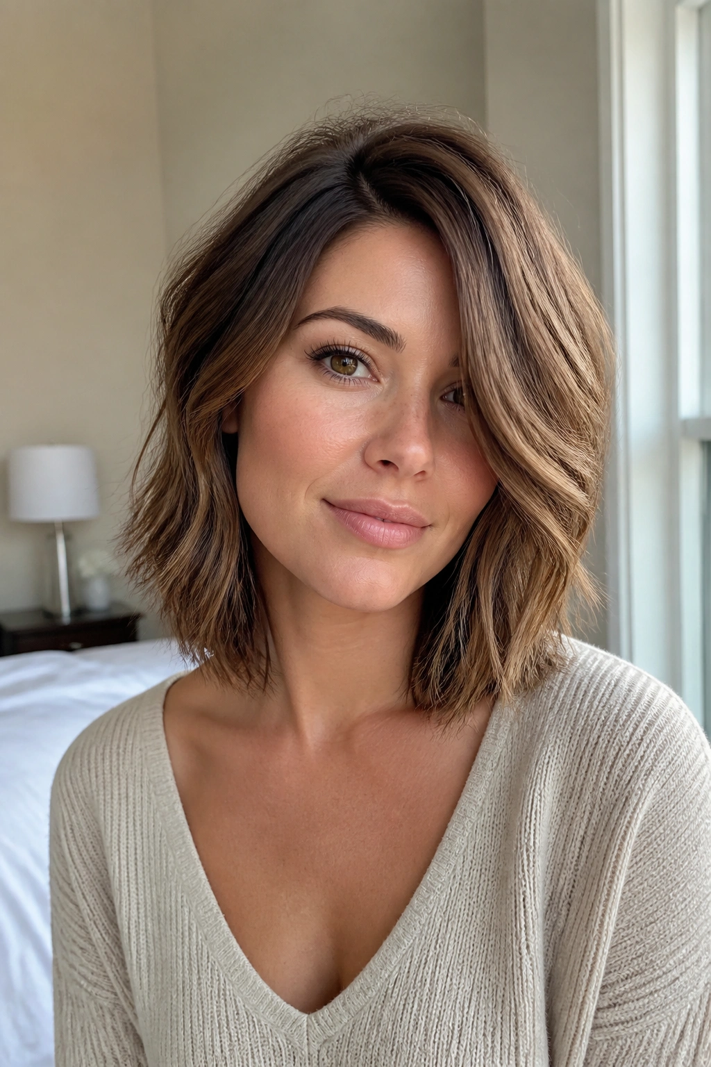 Close-up portrait of a real woman with a choppy layered lob and deep side part.