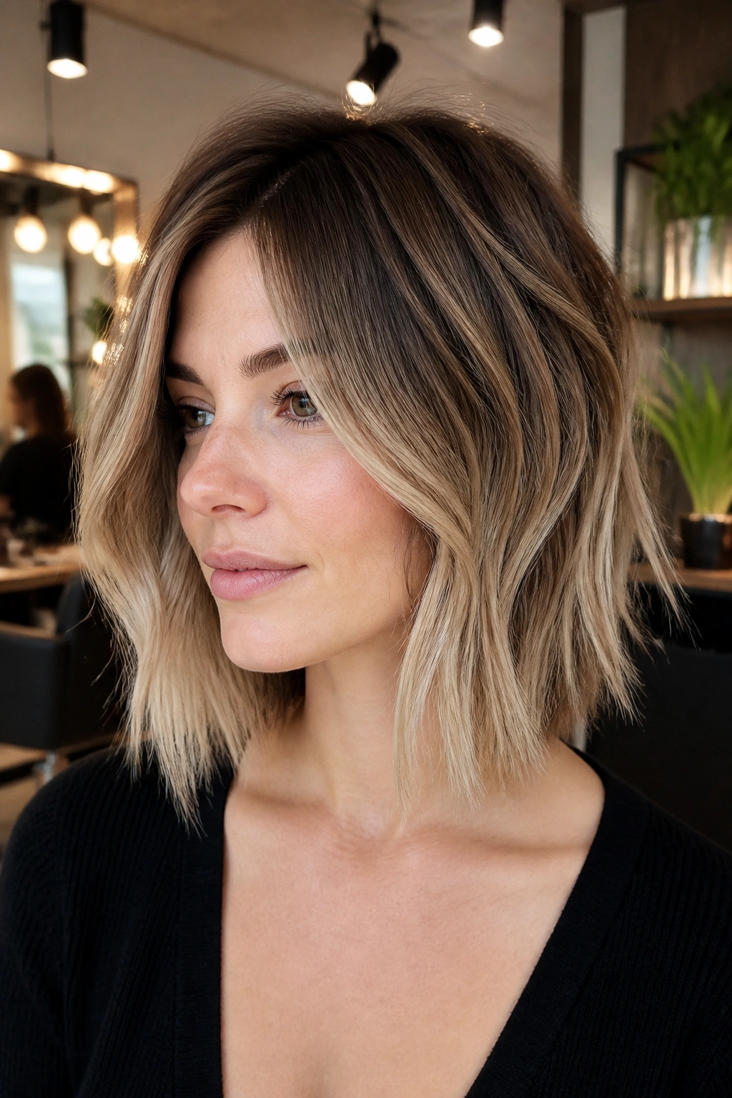 Close-up of a real woman with a choppy lob balayage in warm salon lighting