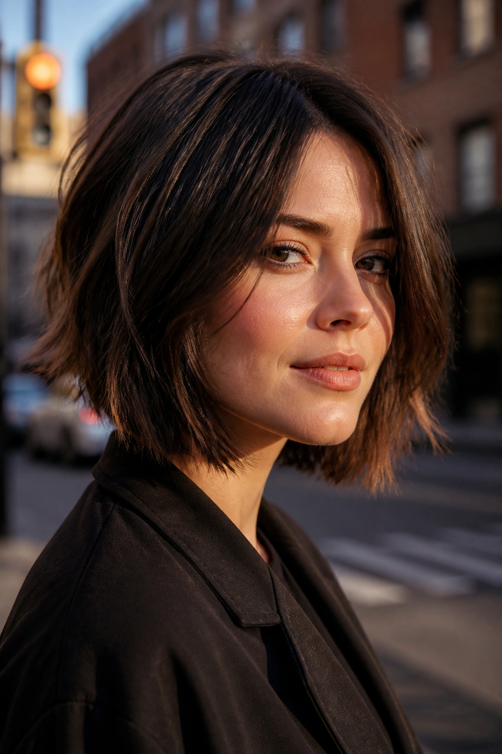 Close-up of a real person with choppy lob and beveled ends