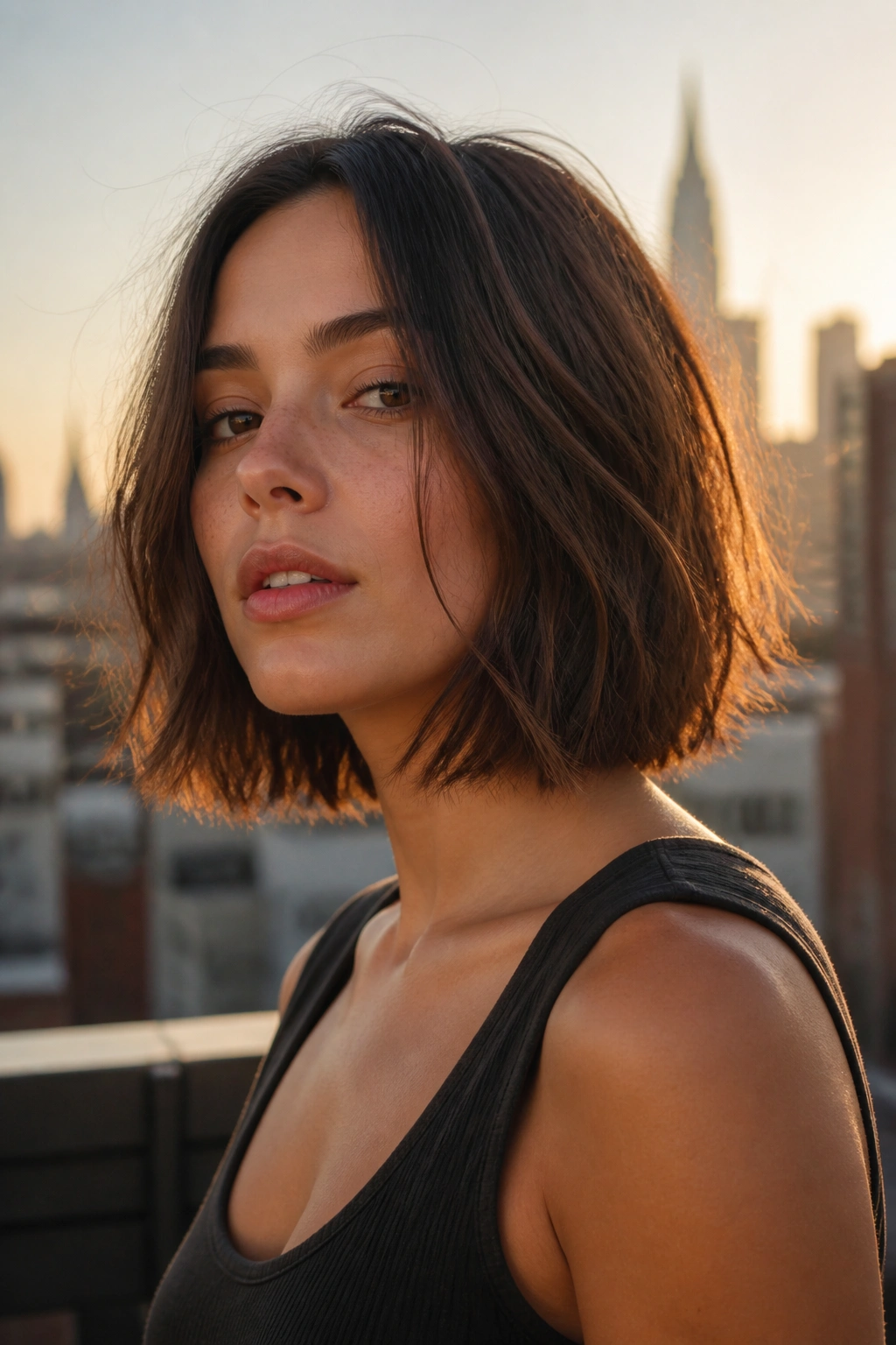 Portrait of a real woman with a choppy lob and broken-up ends on a rooftop at golden hour