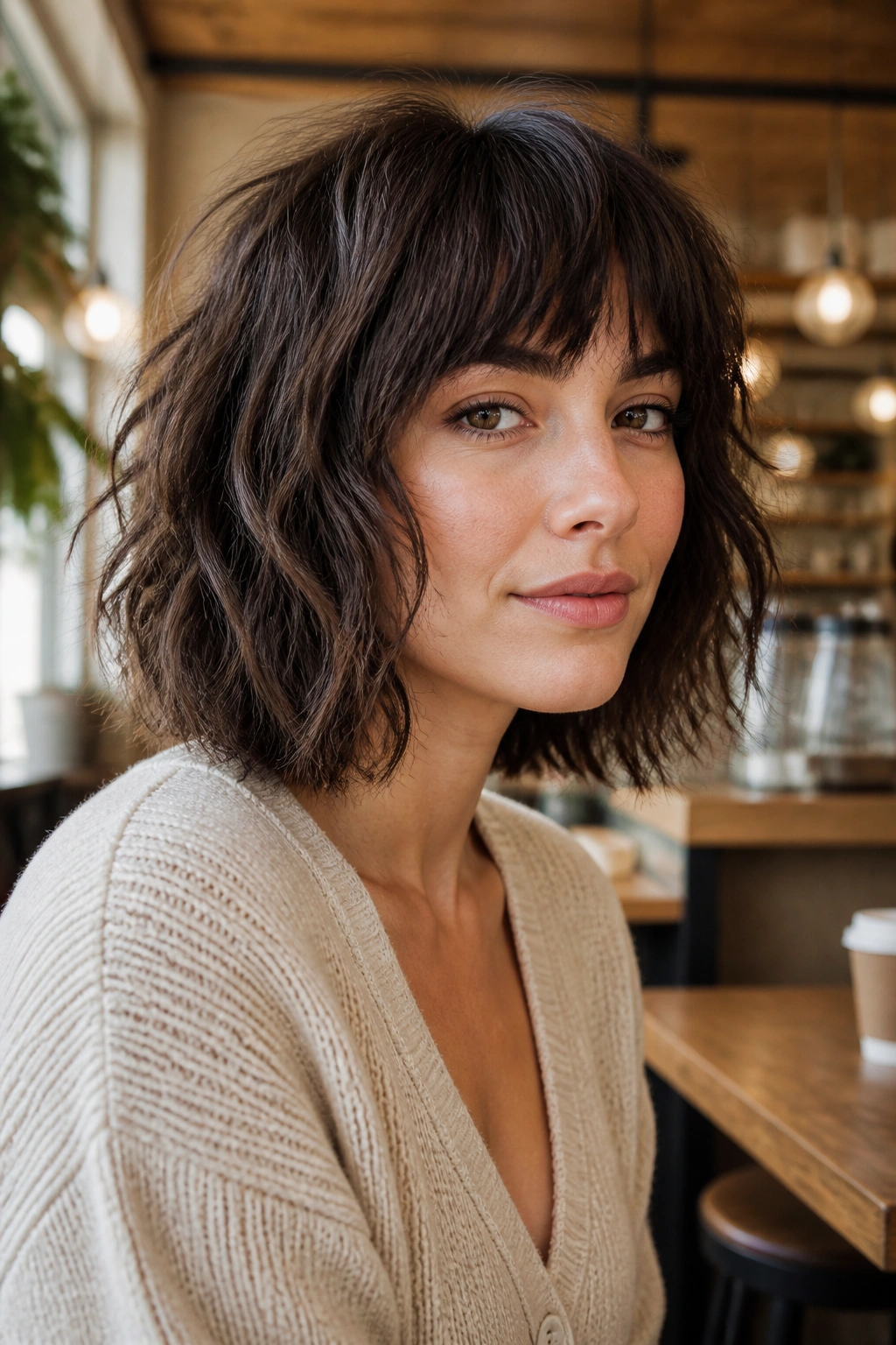 Close-up portrait of a real woman with a choppy lob and fringe in a cafe