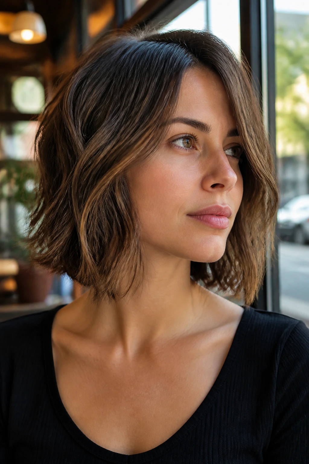 Close-up portrait of a real woman with a choppy lob showing internal layers and lift