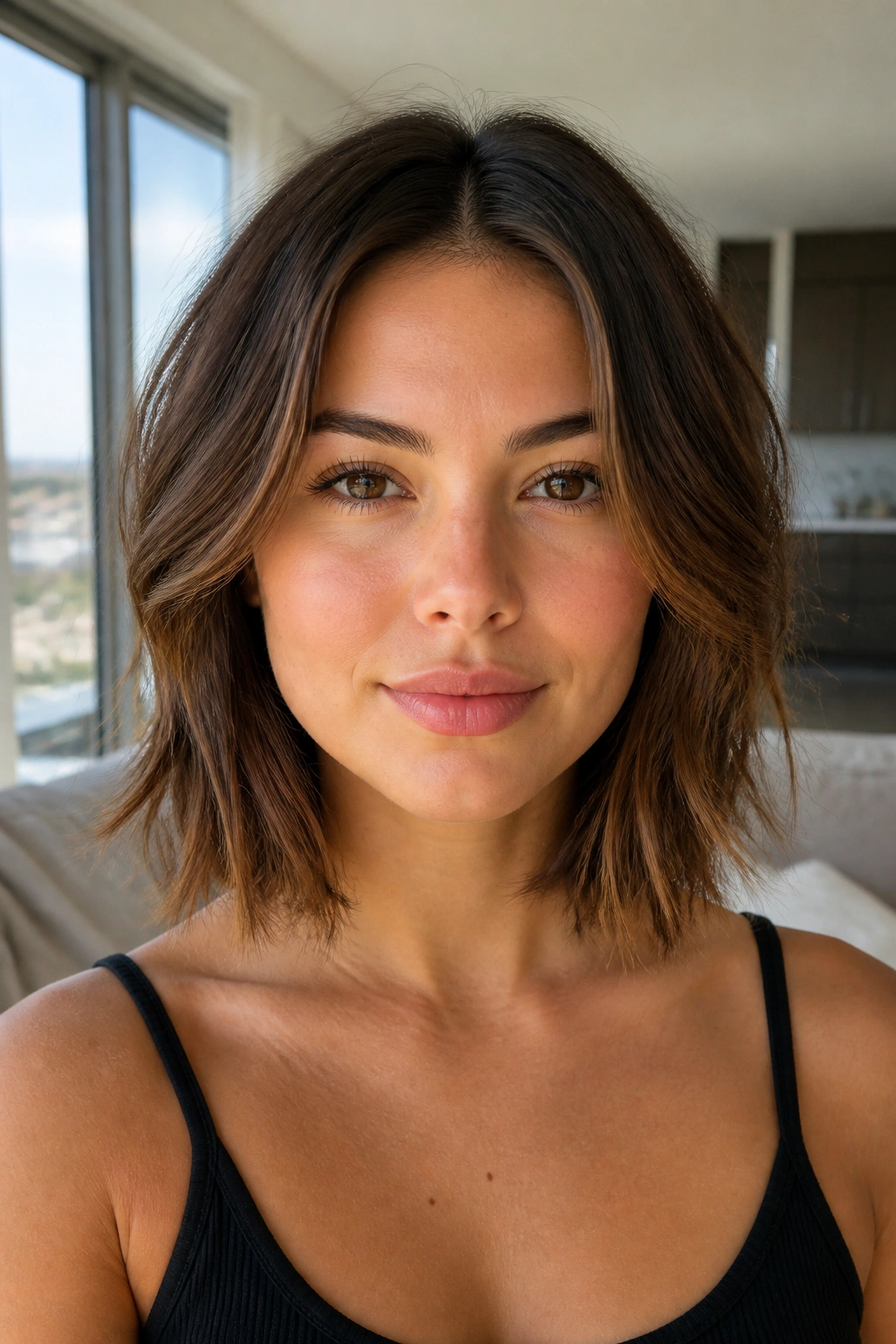 Close-up of a real person with a collarbone-length lob showing invisible inner layers