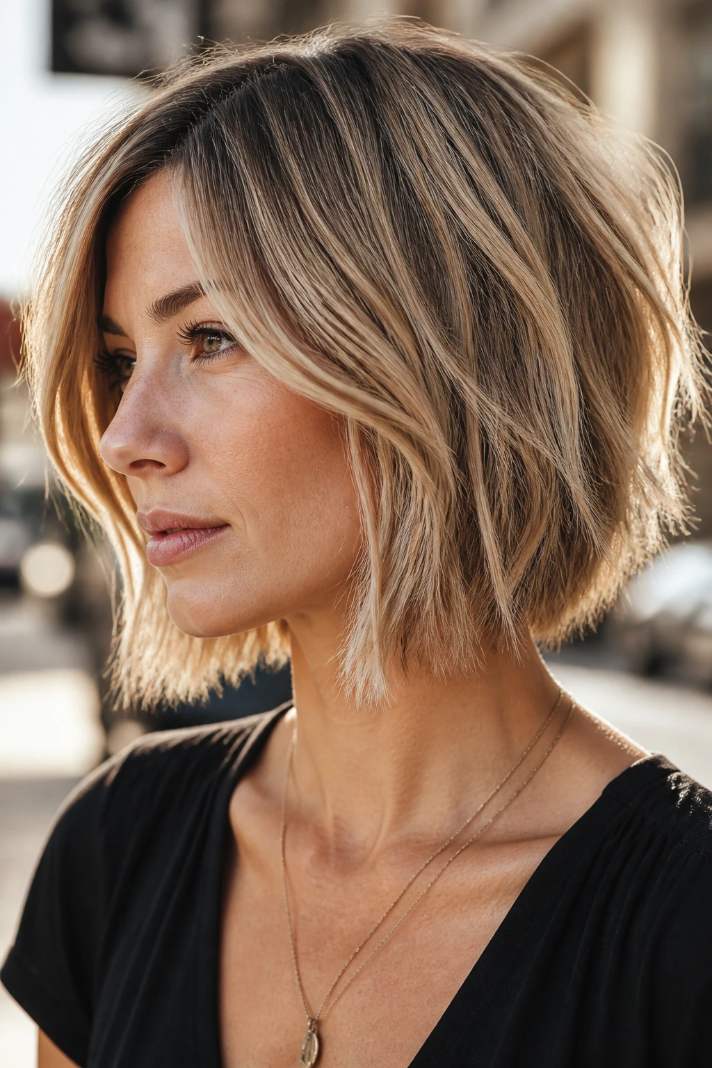 Close-up portrait of a real woman with a choppy lob and micro-texture at the ends.