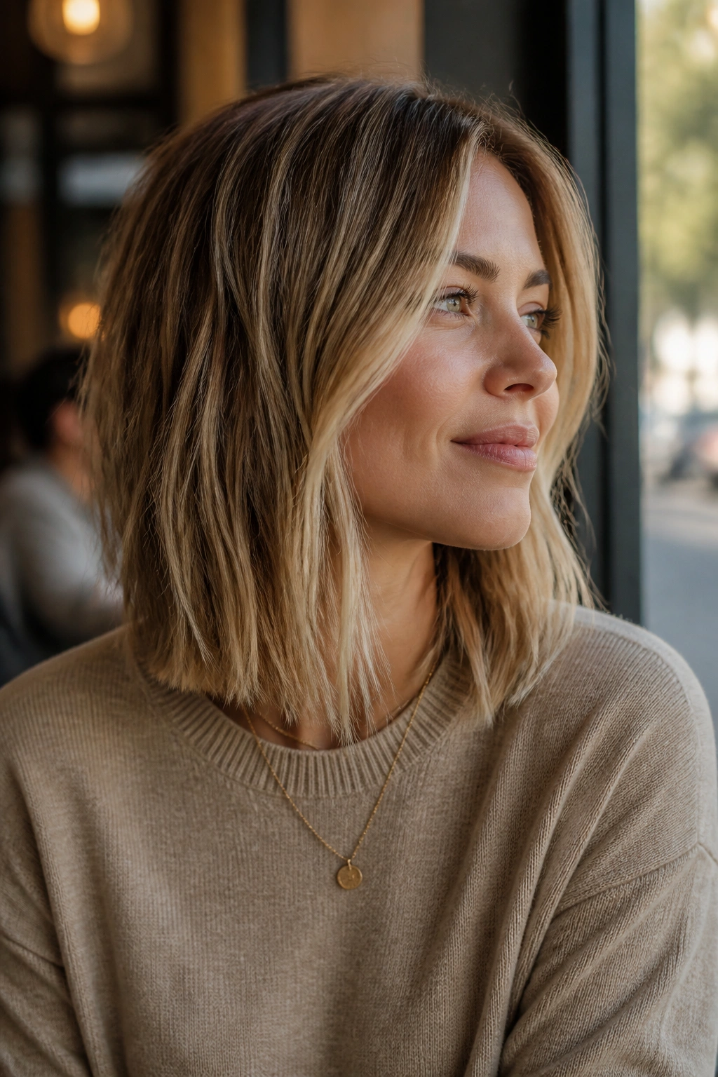 Close-up portrait of a woman with a choppy lob and razored ends in warm blonde tones.