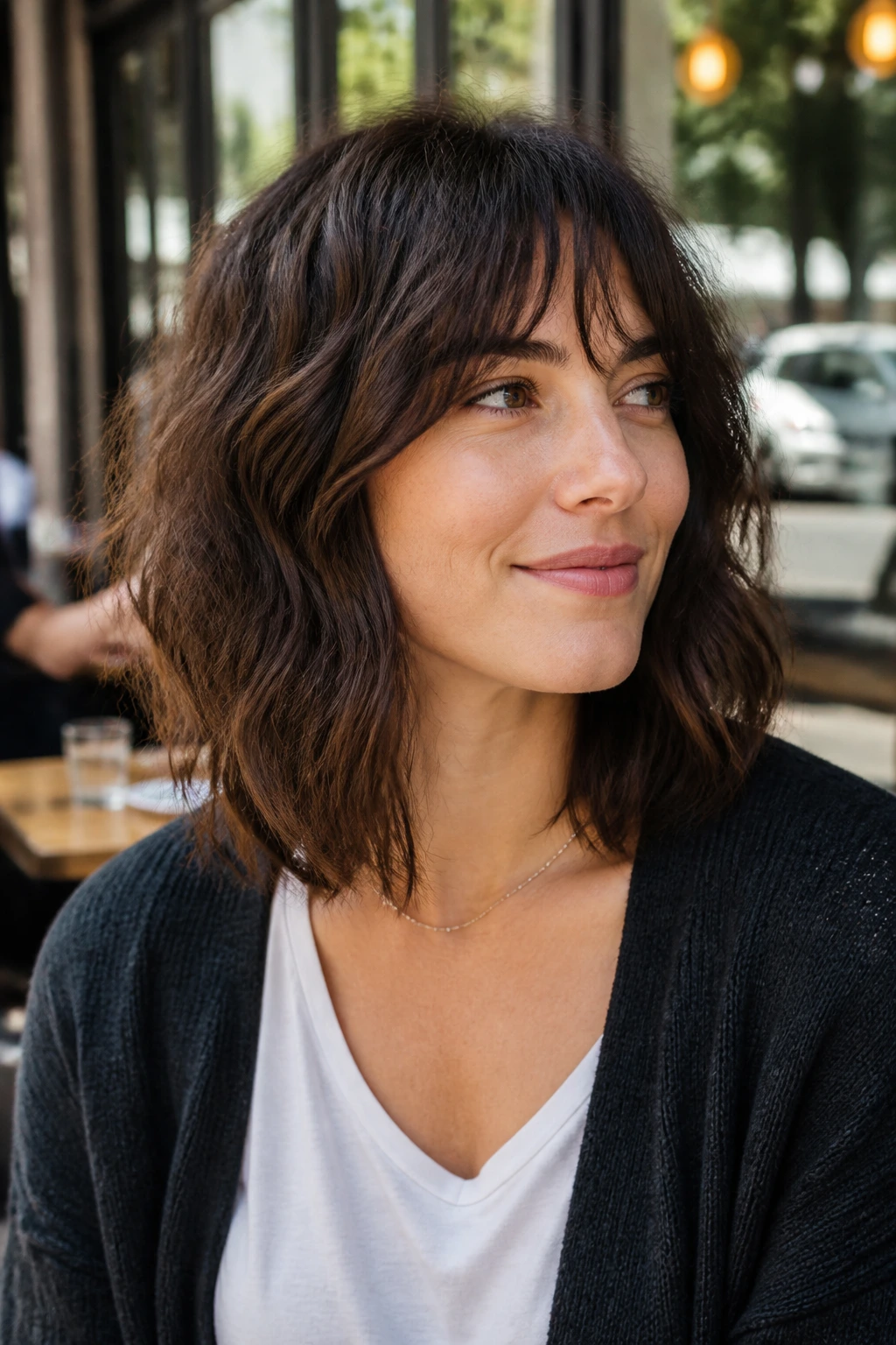 Choppy lob shag on a real brunette; close-up portrait showing mid-length hair with face-framing texture.