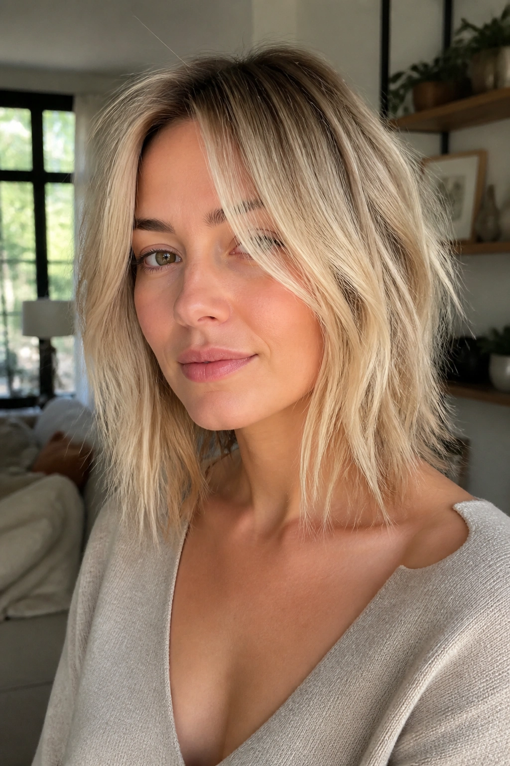 Close-up of a real woman with a choppy lob shag on straight hair