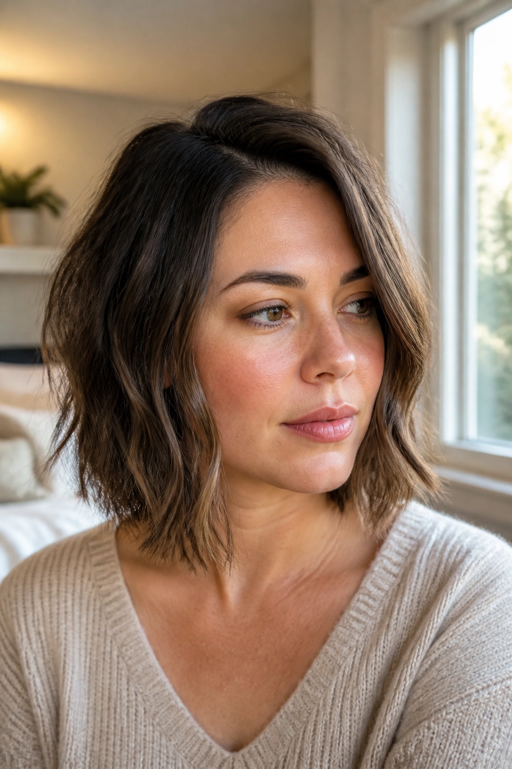 Close-up of a woman with a choppy lob and side part