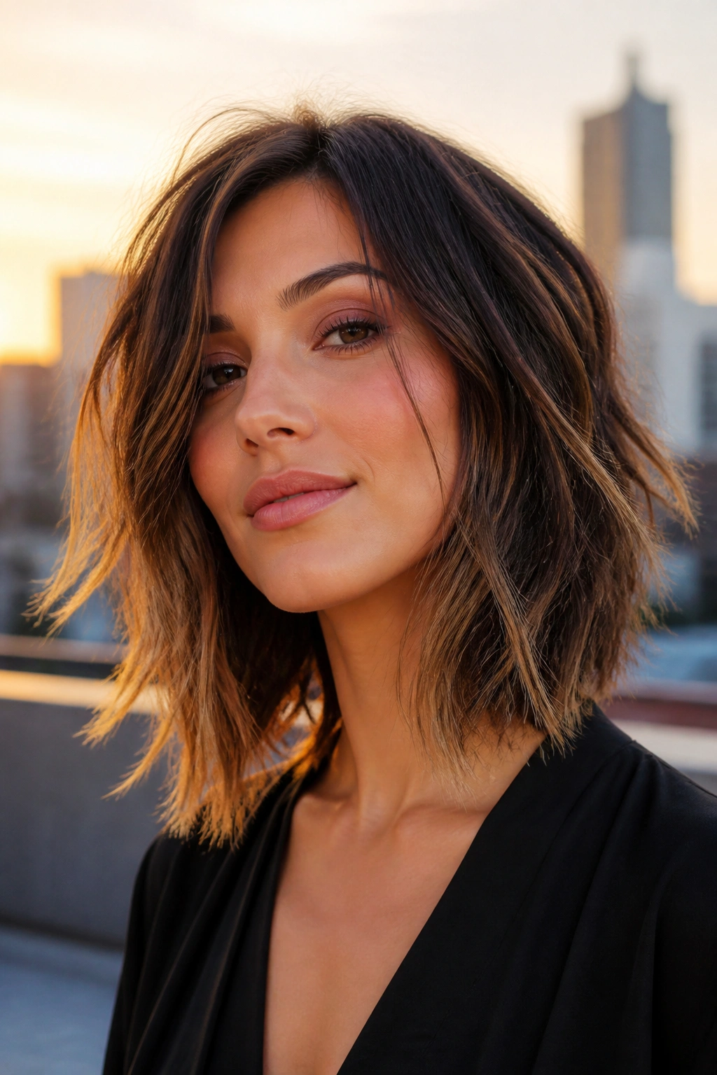 Close-up of a real woman with choppy lob and piecey ends
