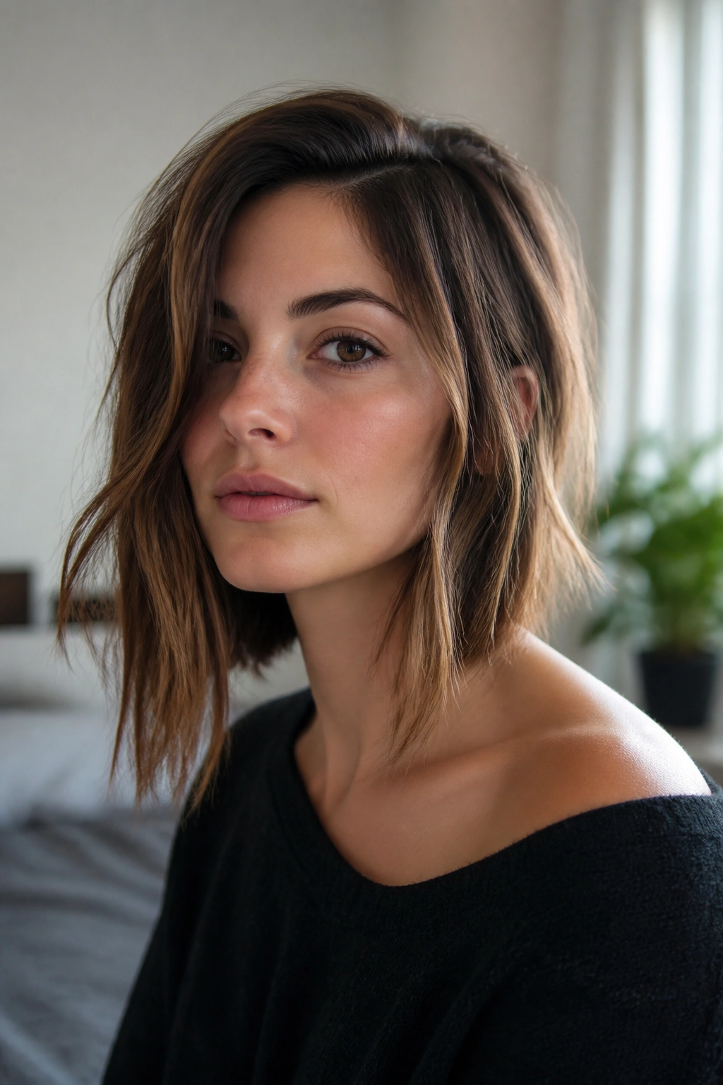 Close-up of a real woman with a choppy lob and piecey ends in soft window light
