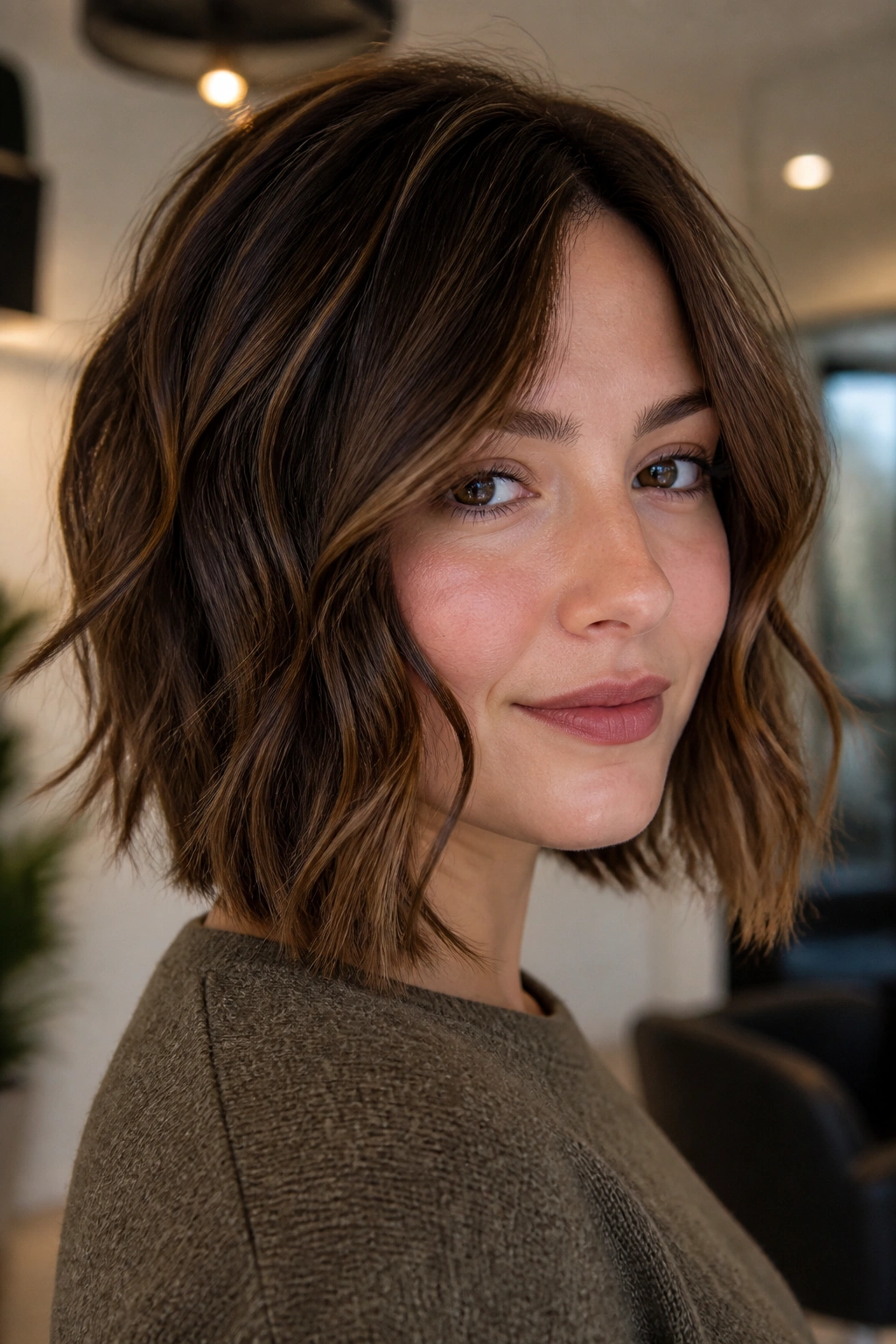 Close-up of a real woman with a choppy lob and bent waves in brown hair.