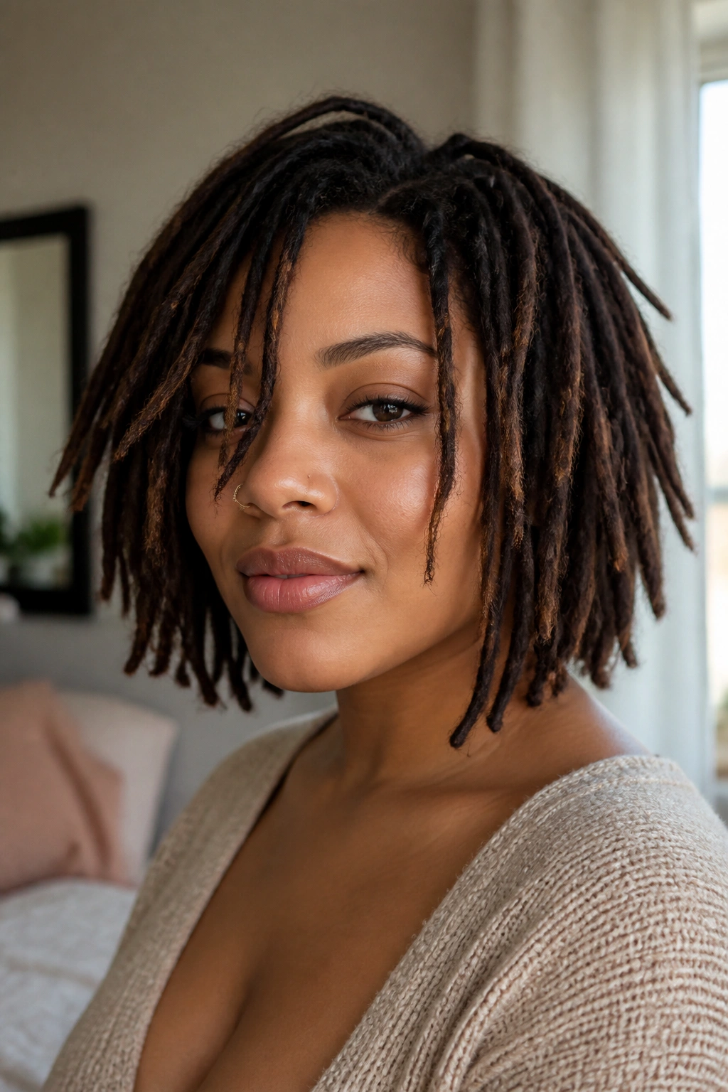 Close-up of real woman with choppy chin-grazing loc lob hairstyle in warm window light