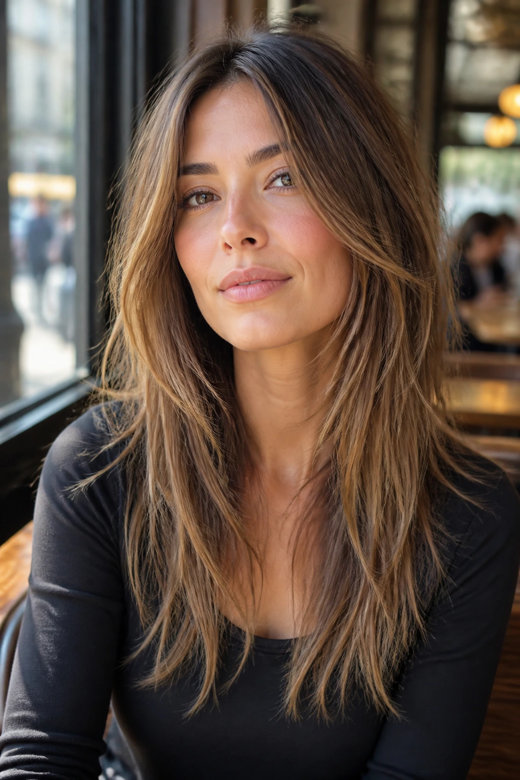 Close-up portrait of a real woman with choppy long layers in a cafe setting
