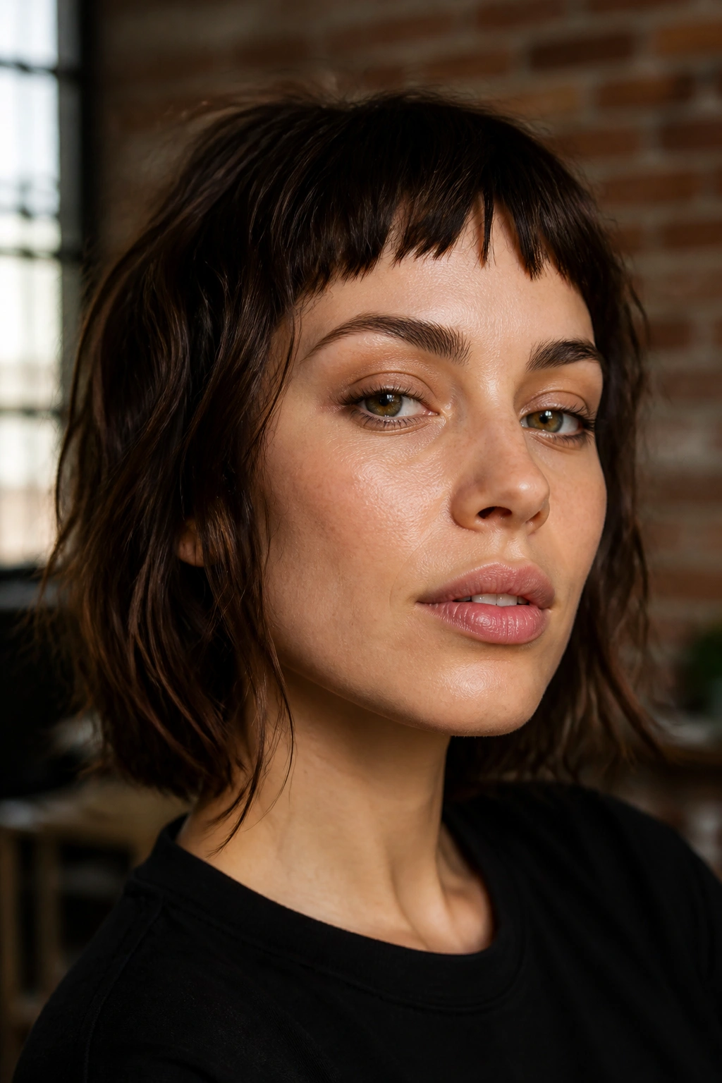 Close-up of choppy micro bangs on a real woman with uneven fringe in loft lighting