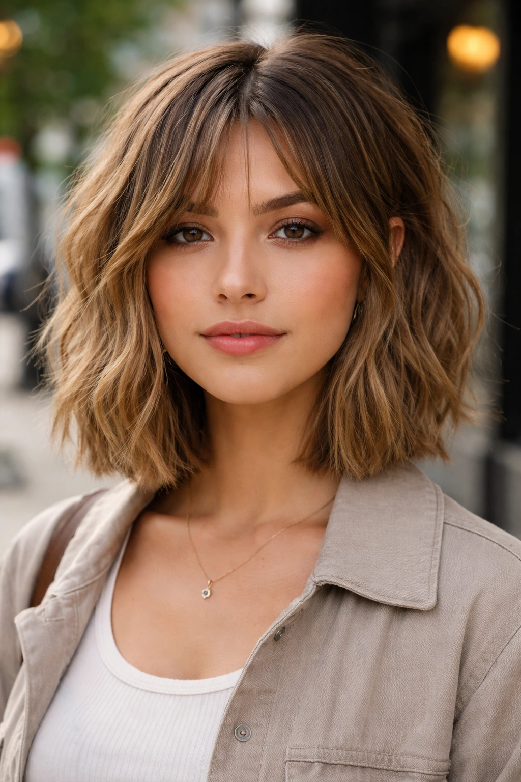 Close-up of a real woman with a textured choppy mid-length bob