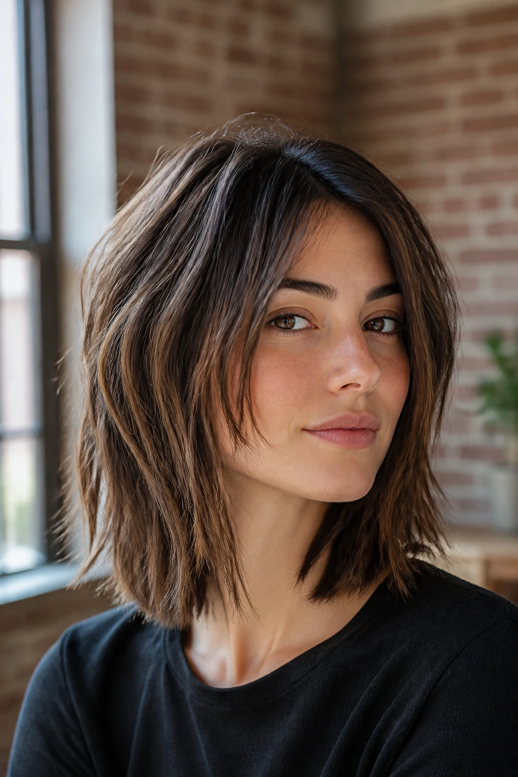 Real person with choppy mid-length cut in urban loft setting