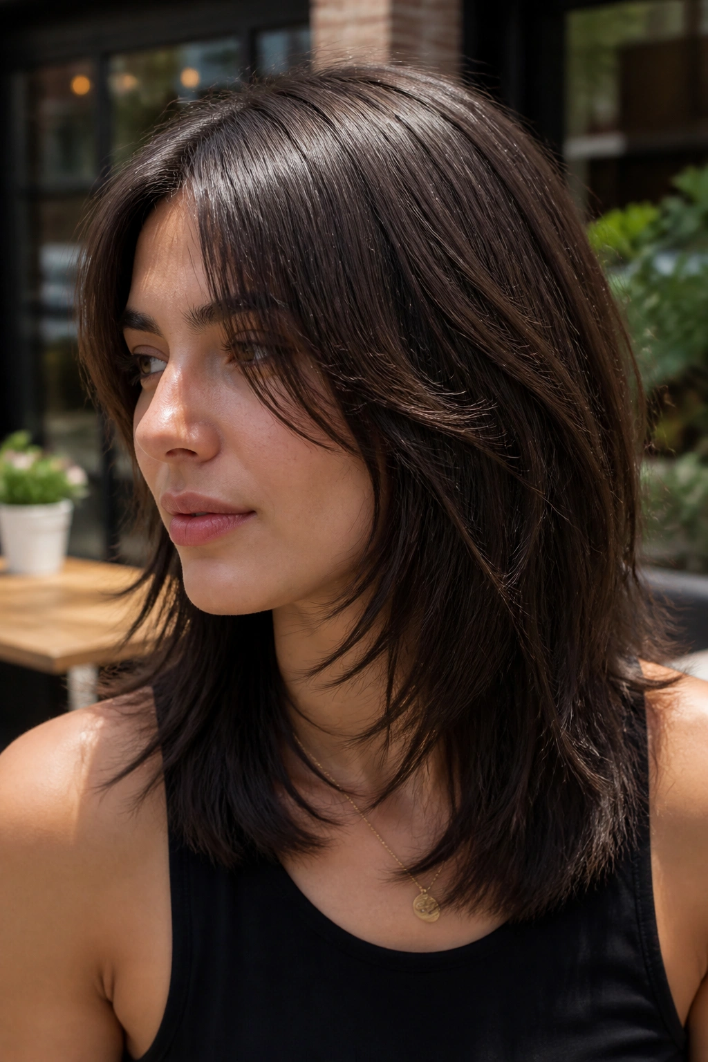 Real woman with thick straight hair and choppy mid-length layers in outdoor daytime light