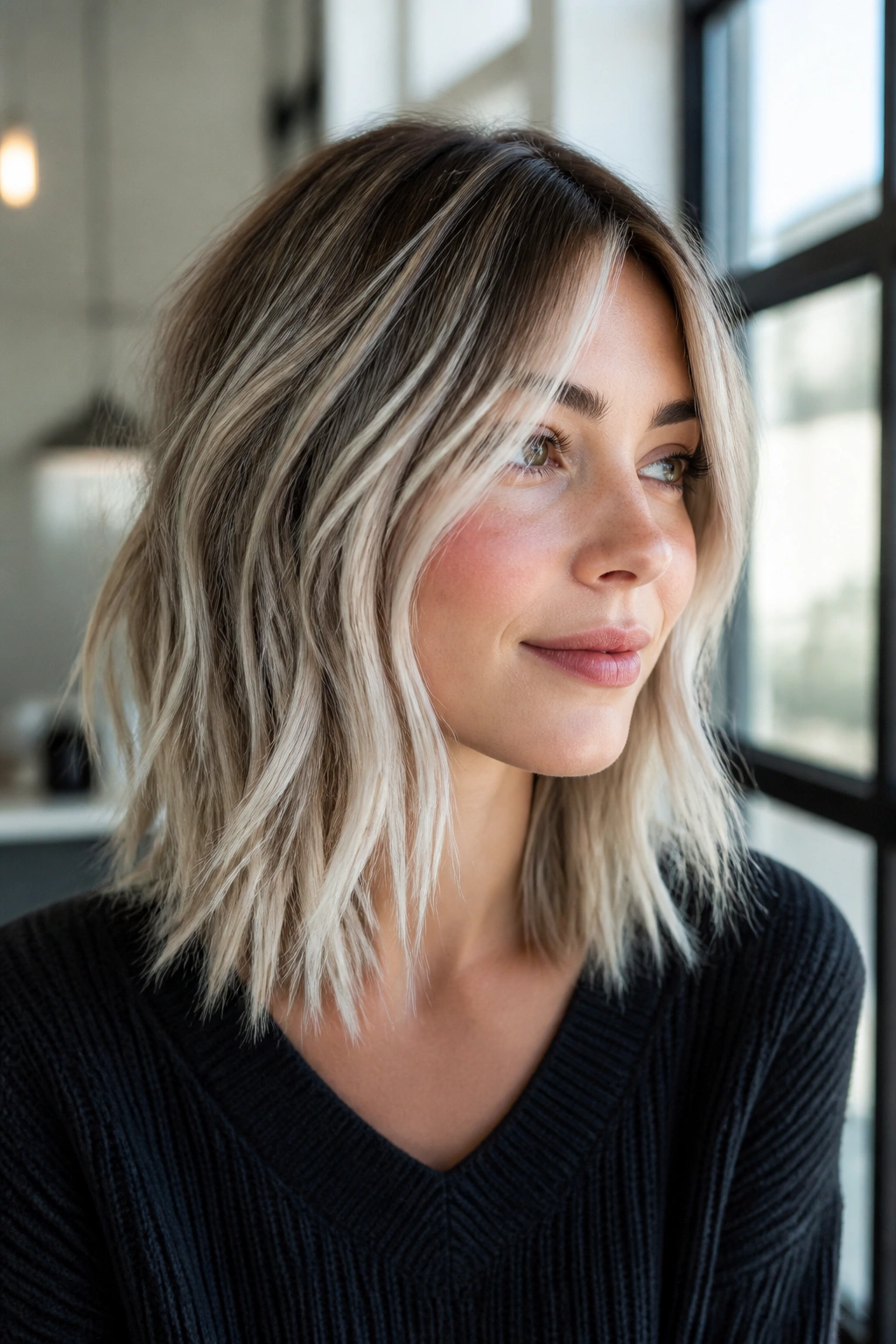 Three-quarter portrait of a real woman with choppy mid-length cut and cool blonde ribbons