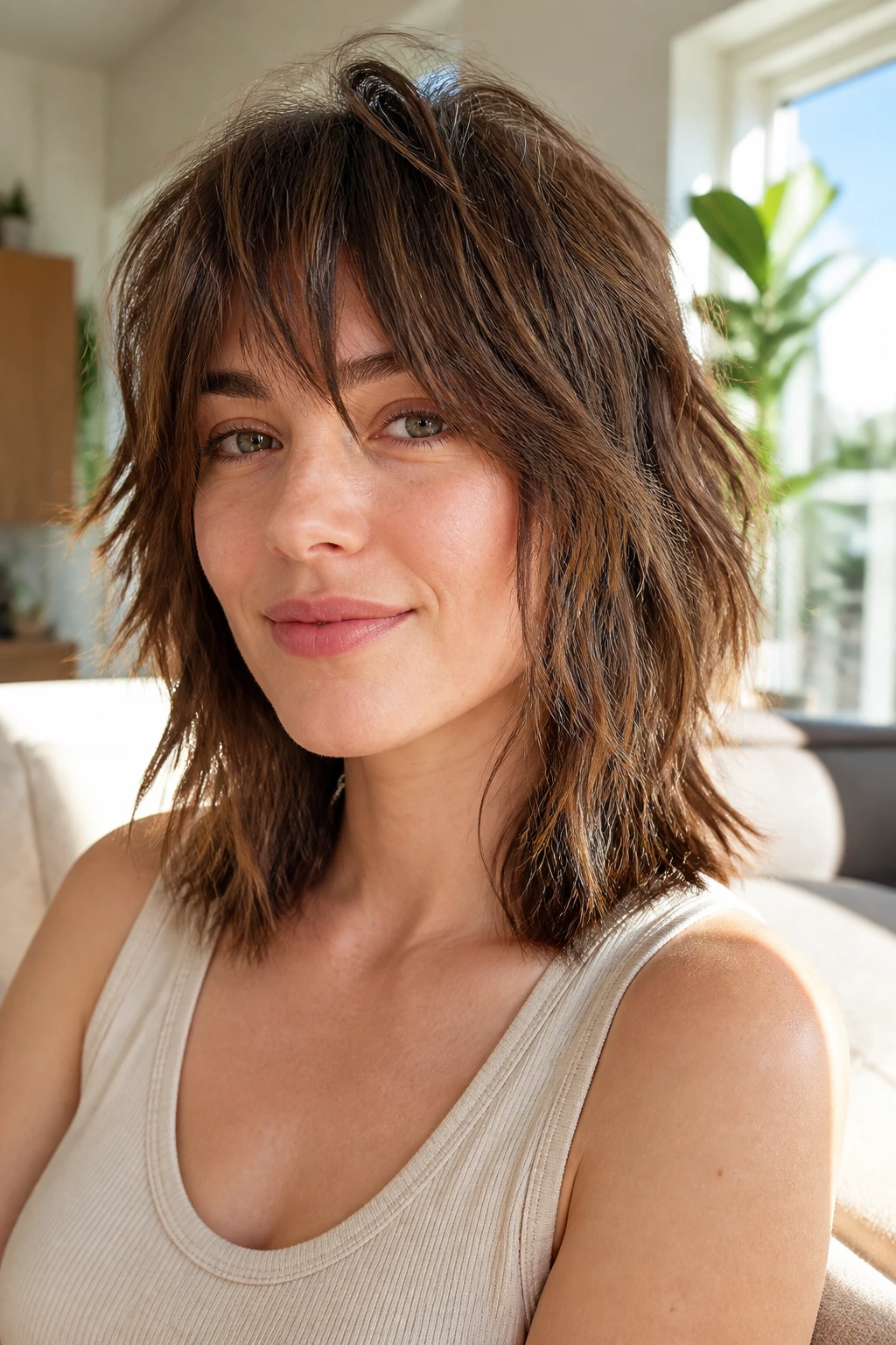 Close-up portrait of a real person with a choppy mid-length shag hairstyle