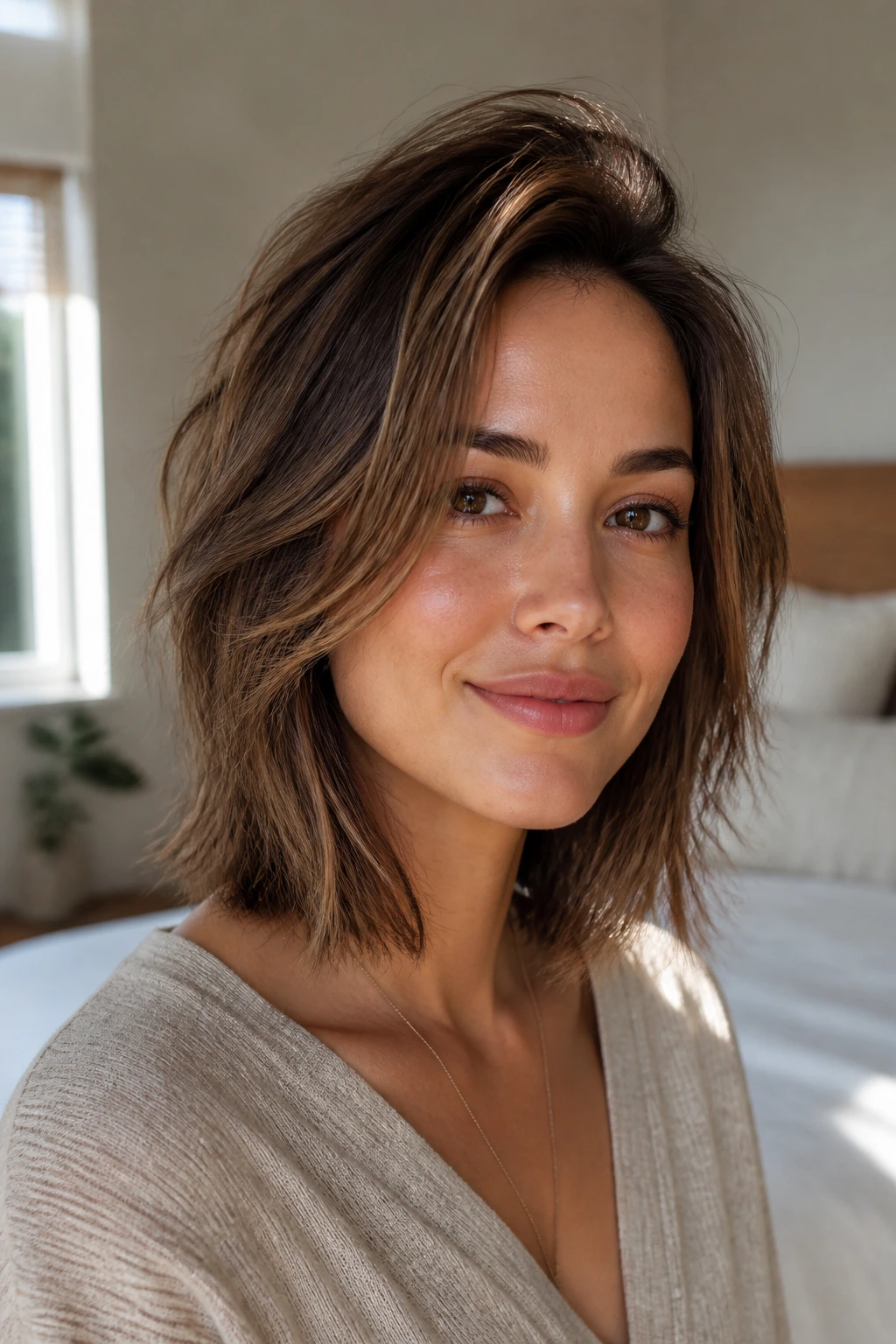 Close-up of a real person with a choppy midi haircut and crown volume.