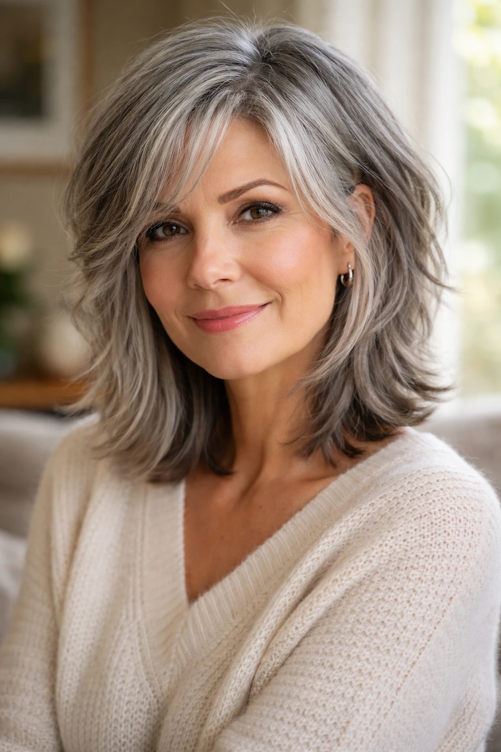 Close-up portrait of a woman with a choppy layered midi-cut in grey hair