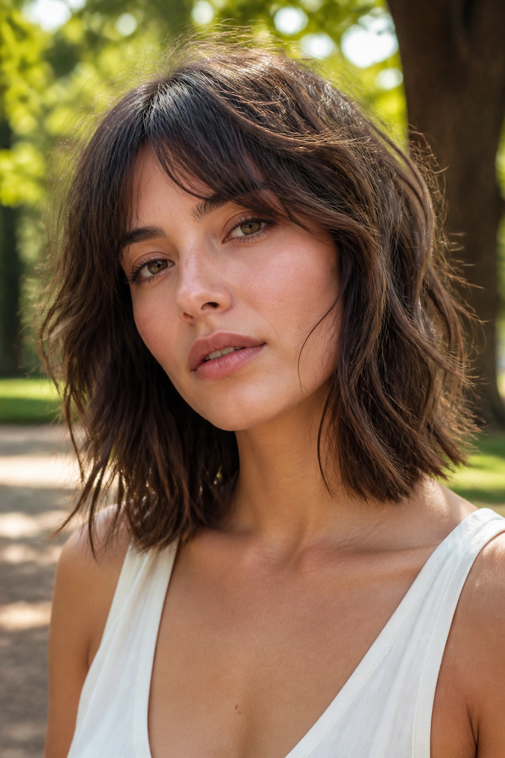 Close-up portrait of a real woman with a choppy midi cut in a park setting