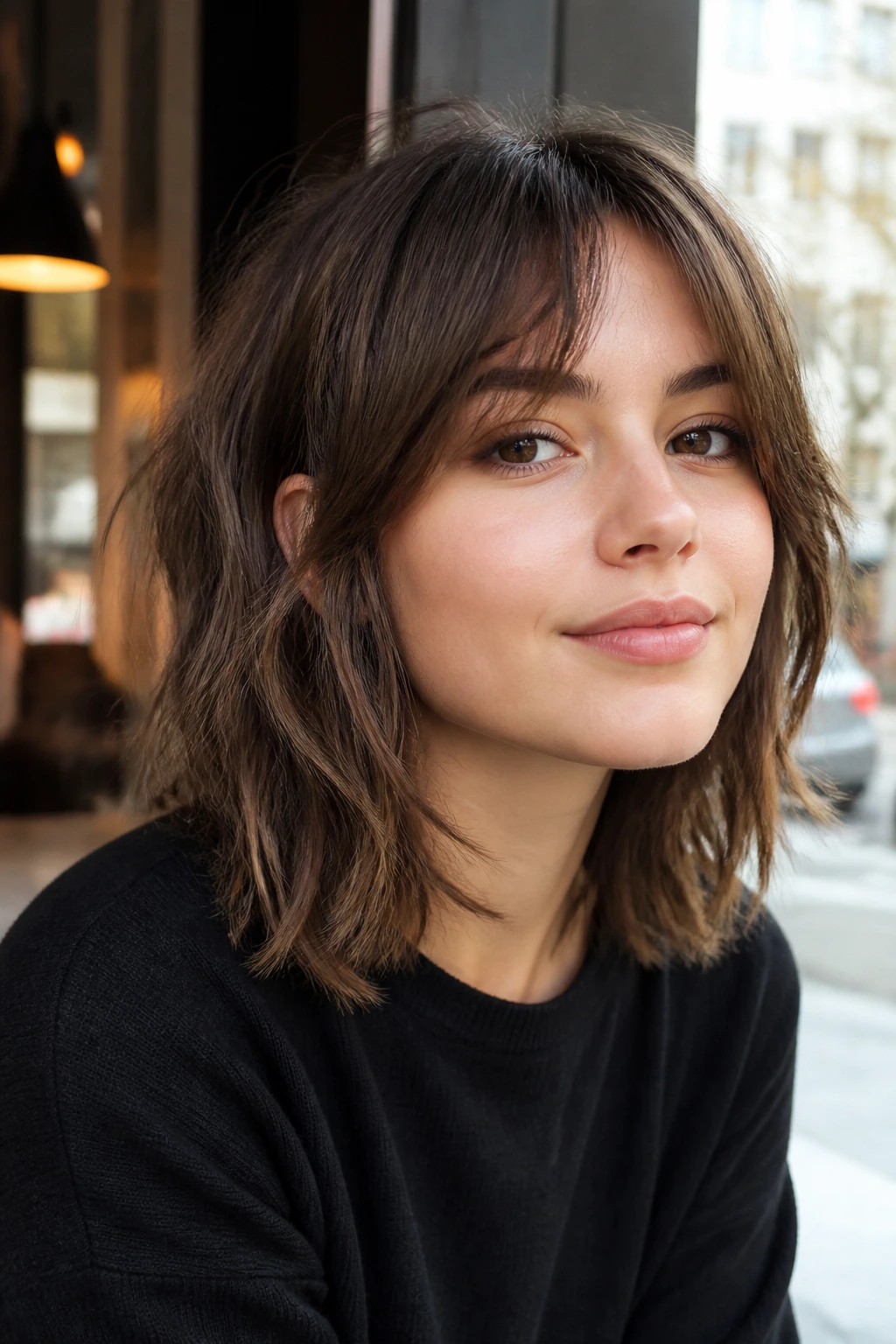 Close-up of a real person with a choppy midi cut and piecey ends