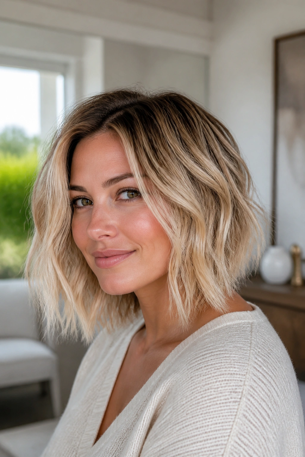 Close-up of a real woman with a choppy midi cut and rooted blonde with piecey ends