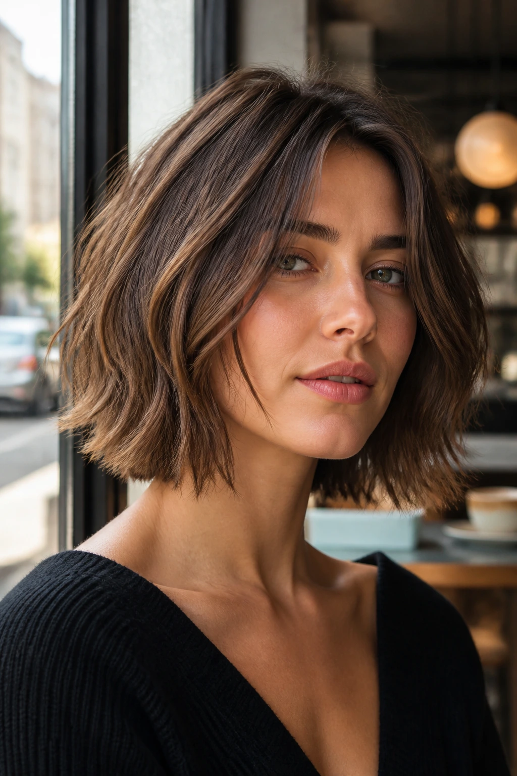 Close-up of a woman with a choppy mid-length bob and undone texture.