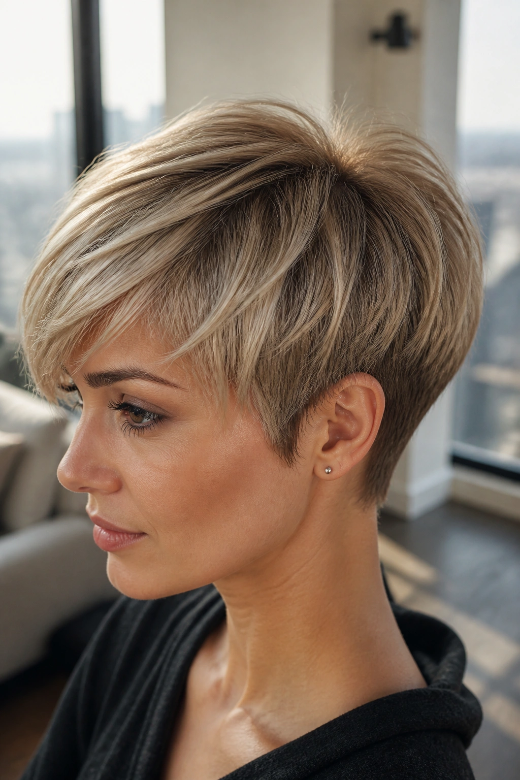 Close-up of real woman with choppy mushroom pixie and lifted back in urban daylight