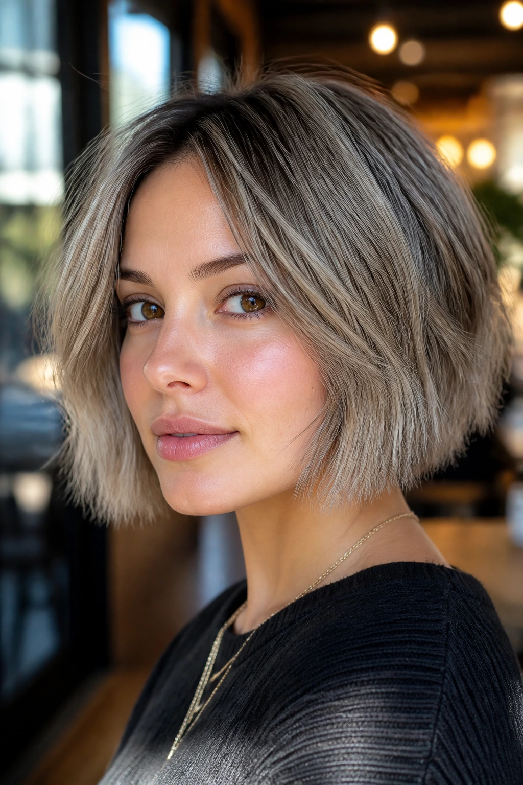 Real woman with choppy piecey ash bob showcasing edgy texture in natural light.