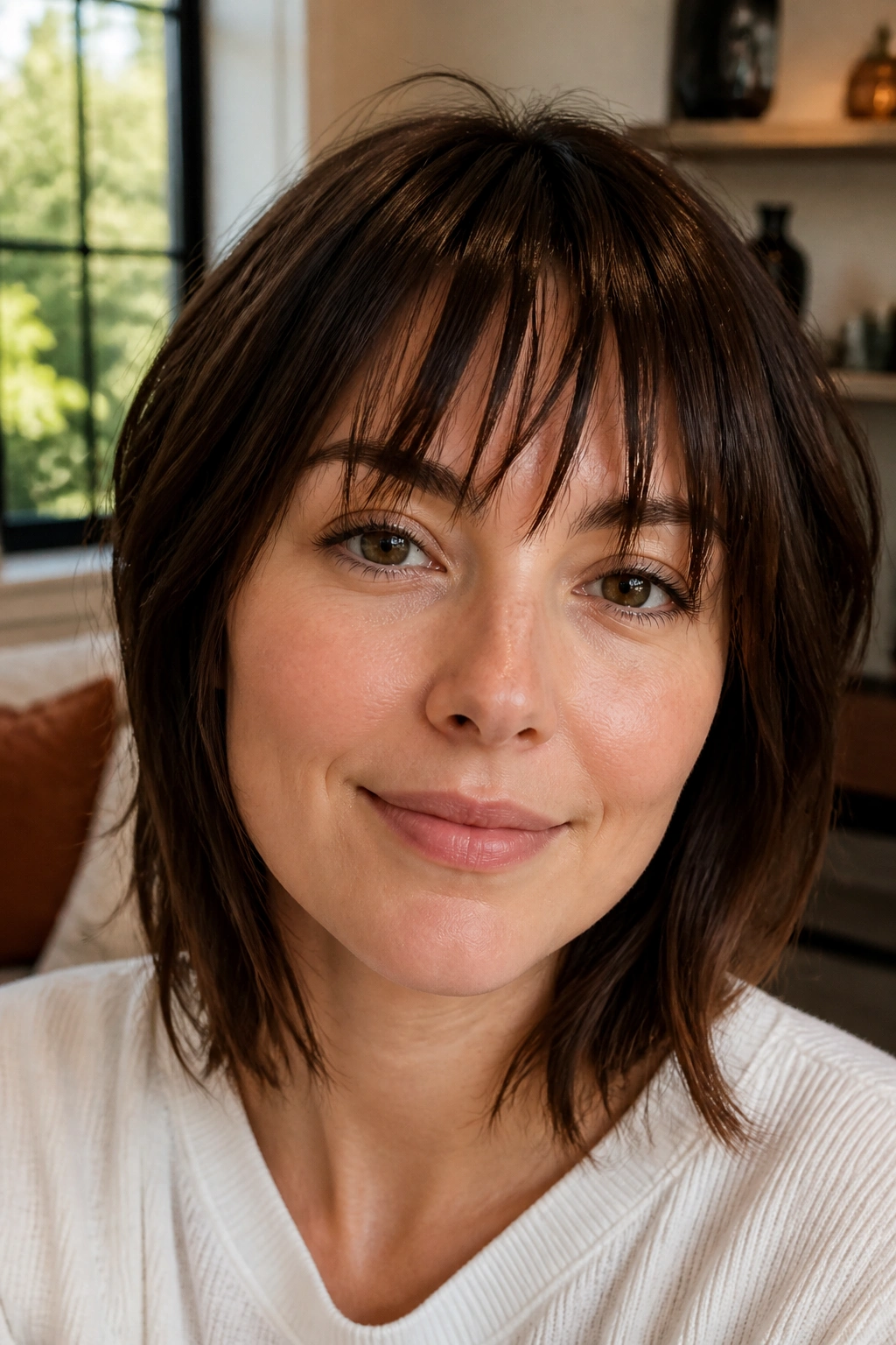 Close-up portrait of a real woman with choppy piecey bangs in warm natural light.