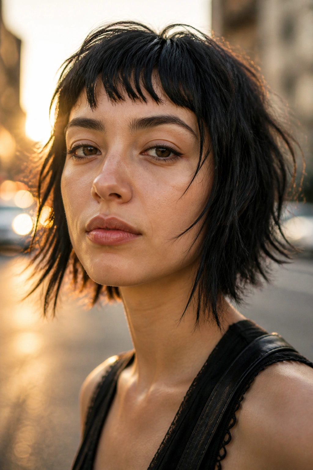Close-up of a real person with choppy, piecey baby bangs and textured fringe