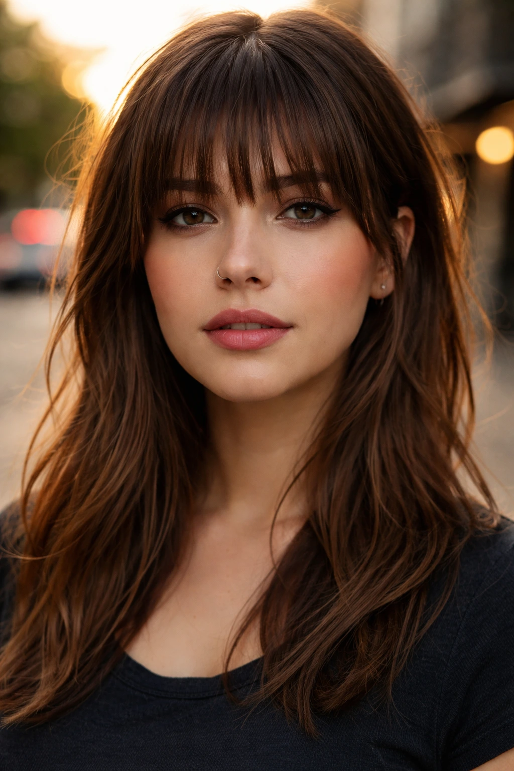 Close-up of a person with choppy piecey bangs in golden hour light