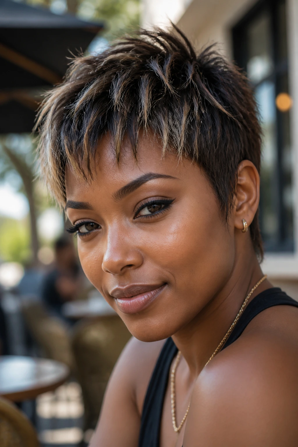 Close-up of a real Black woman with a choppy piecey pixie and light ends at a sunlit cafe