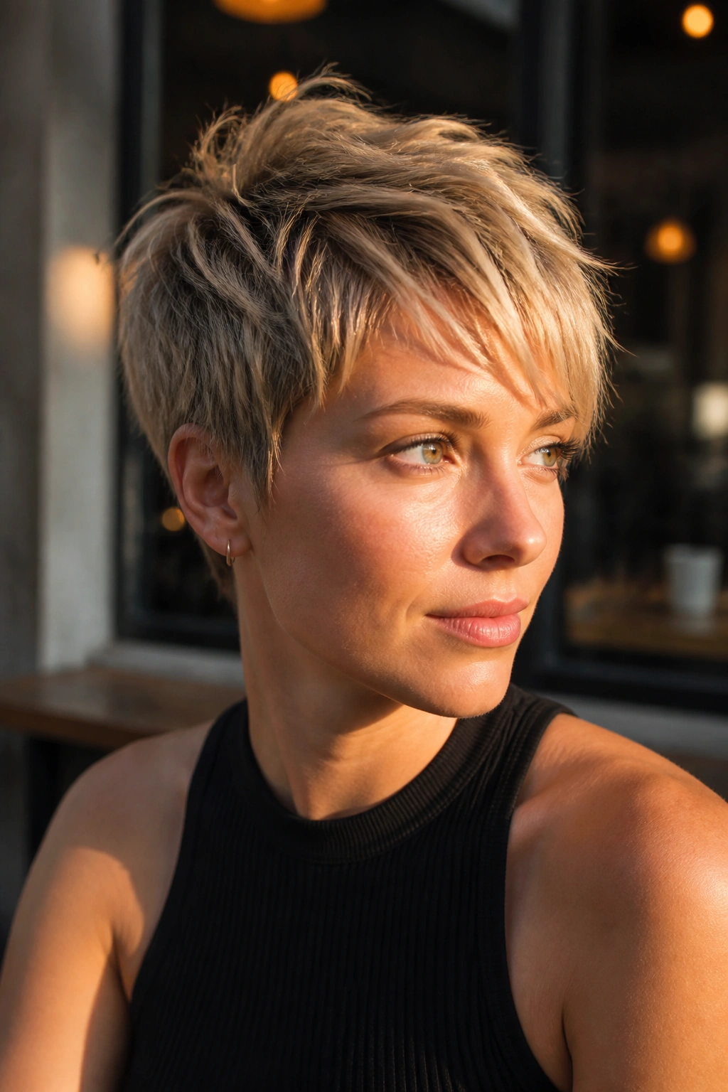 Close-up of a real woman with a choppy piecey pixie showing textured crown and front pieces