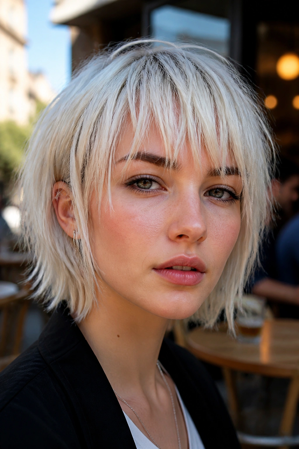 Close-up portrait of a real woman with choppy piecey white fringe outdoors