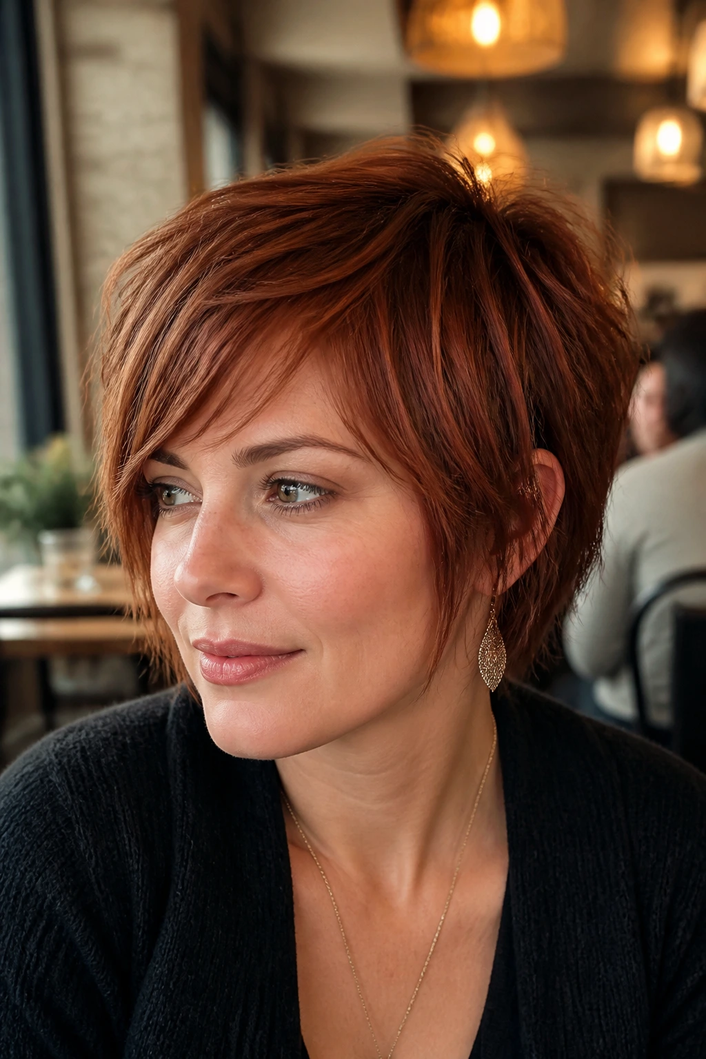 Close-up portrait of a real woman with a choppy pixie-bob auburn hairstyle